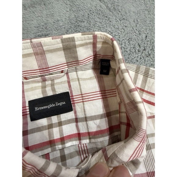 Ermenegildo Zegna Men's M Linen Blend Button Up Shirt Ruby/Brown/White Plaid - Picture 7 of 9